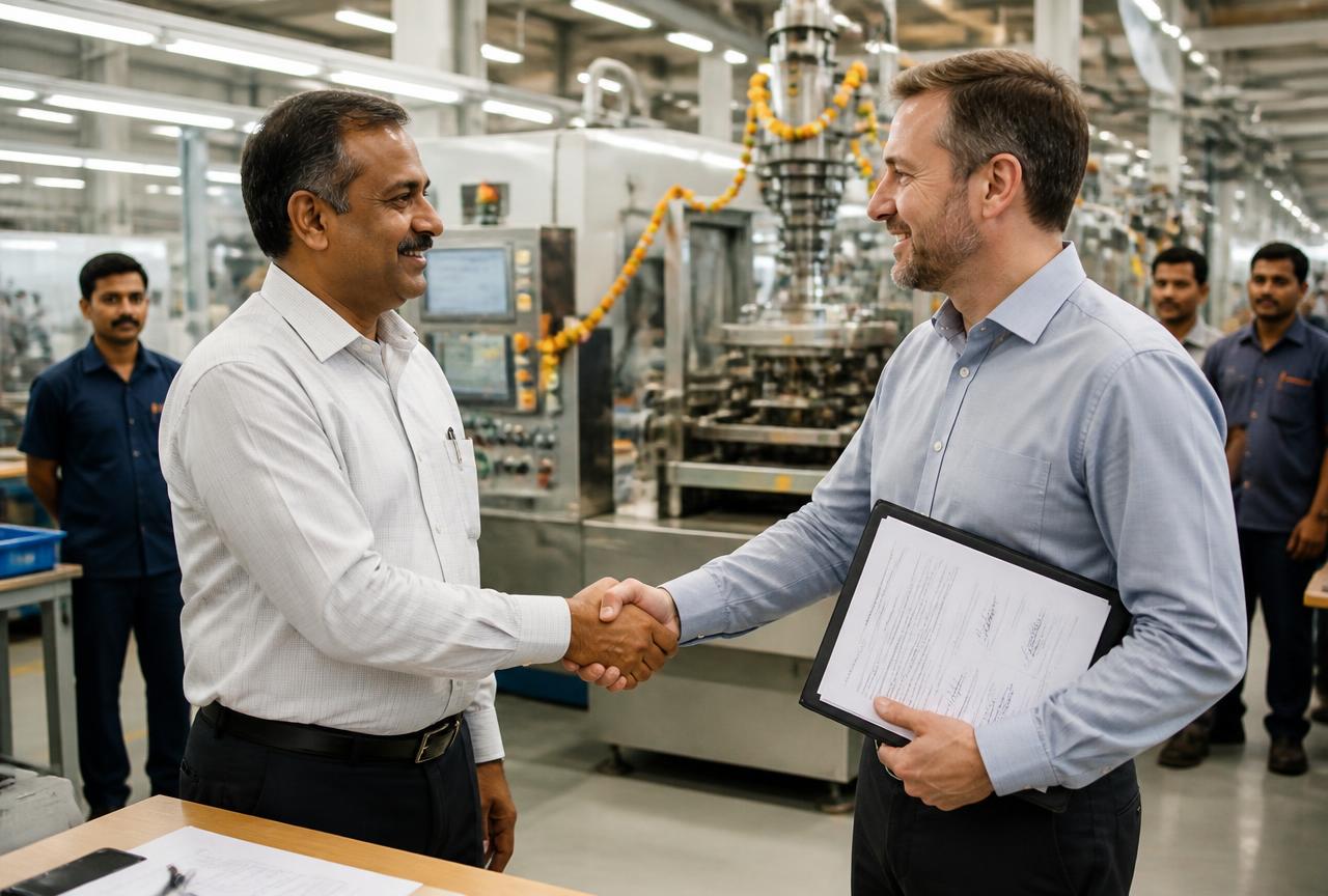 An Indian plant head shaking hands with a visiting product engineer beside a newly commissioned machine, the signed purchase order still in his other hand
